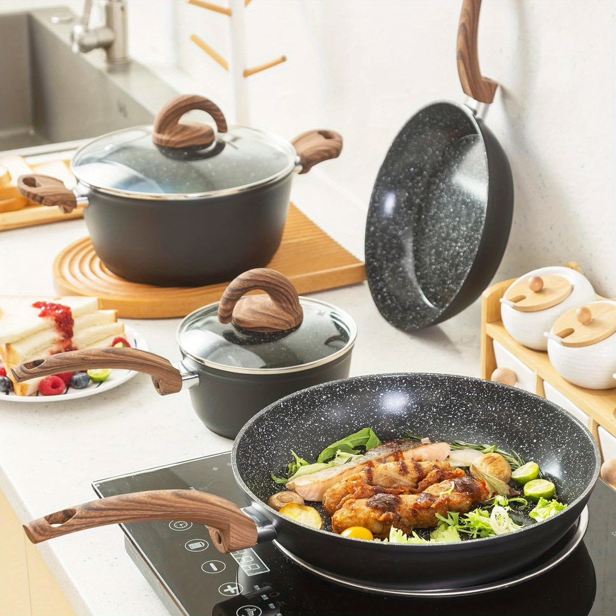 Ceramic Non-Stick Pots and Pans Set | Black Wheat Straw Design