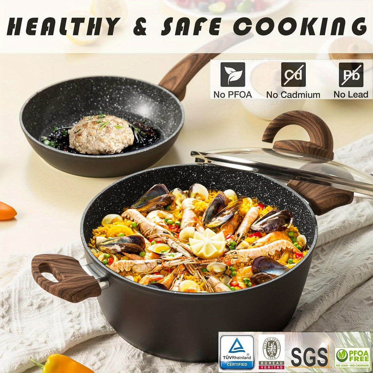 Ceramic Non-Stick Pots and Pans Set | Black Wheat Straw Design