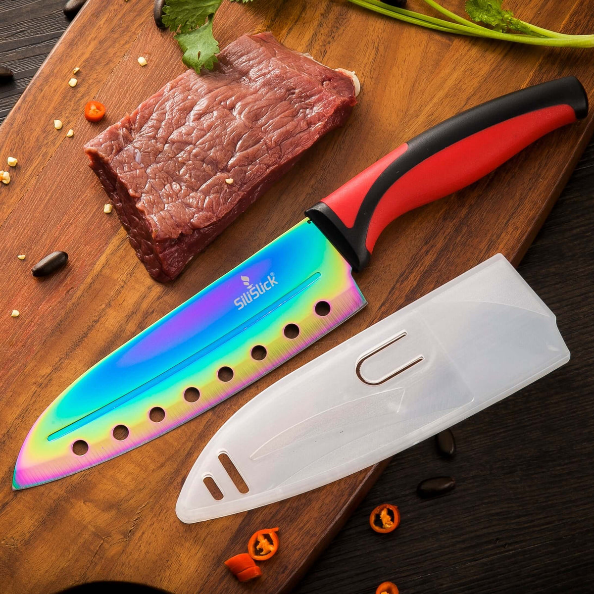 Professional Kitchen Knife Set | Red Handle & Black Magnetic Rack