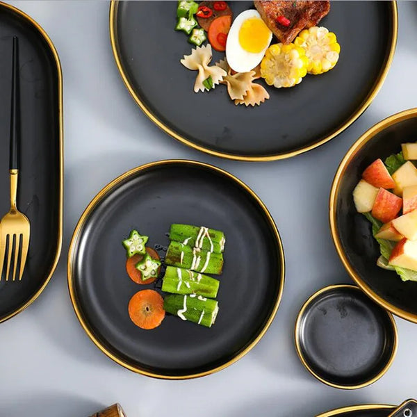 Gilt Rim Black Porcelain Dinnerware – Luxury Ceramic Plates, Bowls & Cutlery Set
