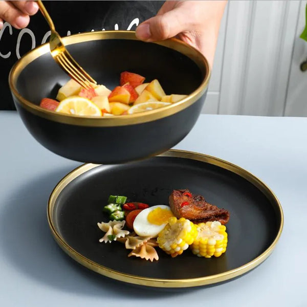 Gilt Rim Black Porcelain Dinnerware – Luxury Ceramic Plates, Bowls & Cutlery Set