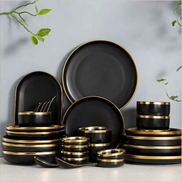 Gilt Rim Black Porcelain Dinnerware – Luxury Ceramic Plates, Bowls & Cutlery Set