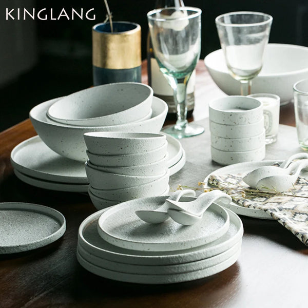 🍽️ KINGLANG Matte Ceramic Dinner Set – 1/2/4/6 Person Tableware | Plates, Bowls & Sauce Dishes | Minimalist Modern Design
