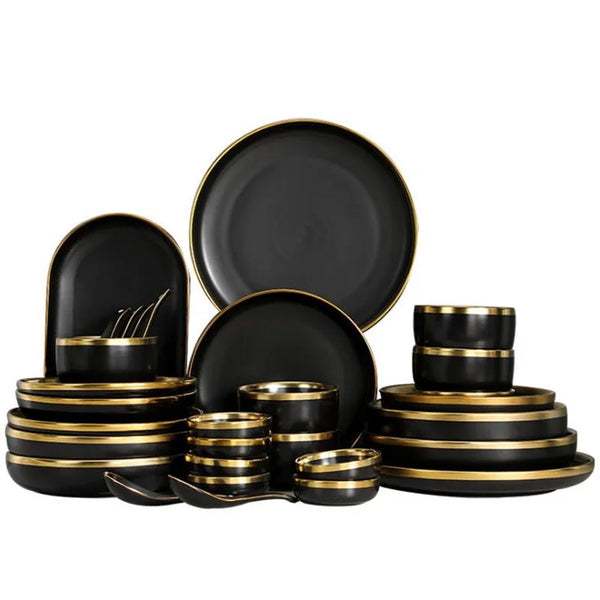 Gilt Rim Black Porcelain Dinnerware – Luxury Ceramic Plates, Bowls & Cutlery Set