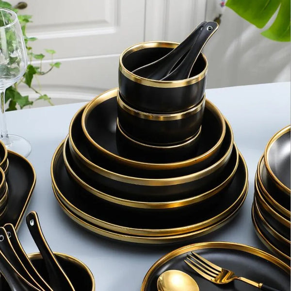 Gilt Rim Black Porcelain Dinnerware – Luxury Ceramic Plates, Bowls & Cutlery Set