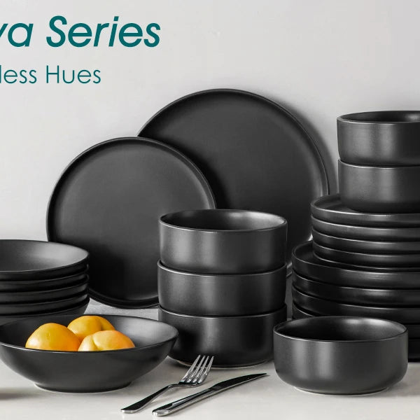 Vancasso 24/48-Piece Black Ceramic Dinnerware Set – Elegant Stoneware Plates & Bowls for 6 or 12 People