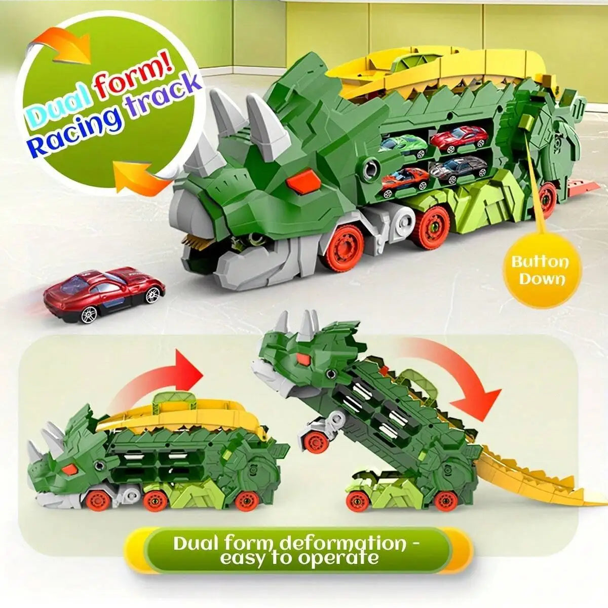 Folding Dinosaur Transporter Car Toy – Fun Diecast Vehicle Playset with 2 Metal Cars