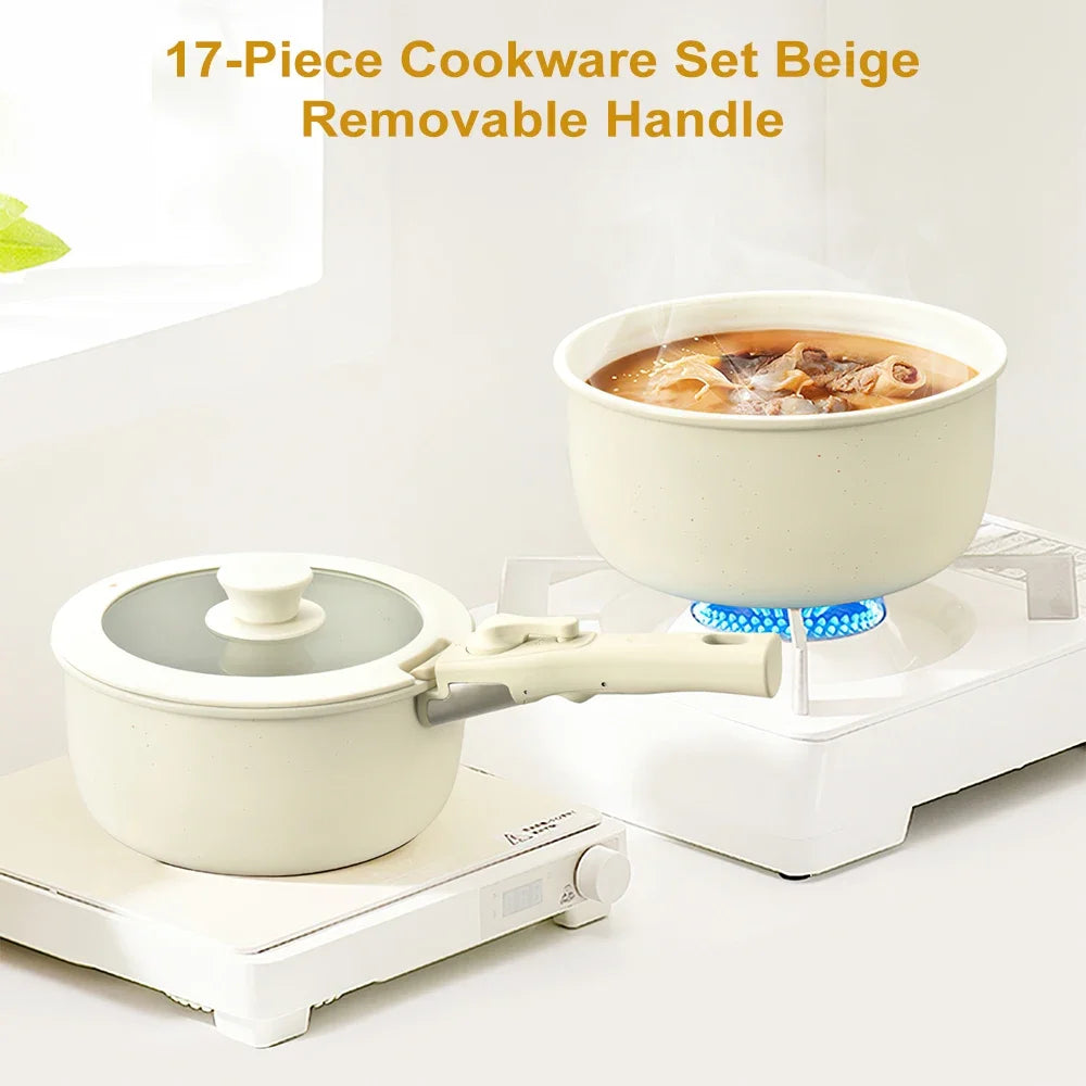 MDHAND 17-Piece Nonstick Cookware Set | Removable Handle | Beige Aluminum Alloy