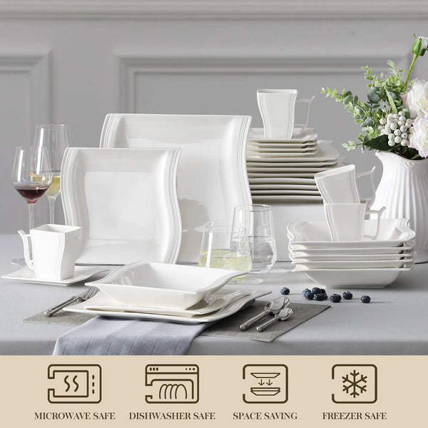 MALACASA FLORA White Porcelain Dinnerware Set – 30 / 60 Pieces for 12 People