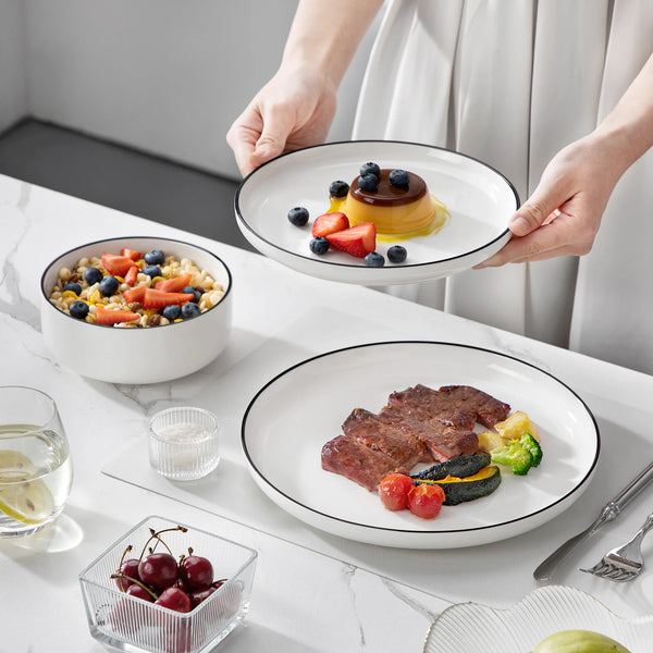 🍽️ MALACASA 12/24-Piece Black Rim Porcelain Dinnerware Set