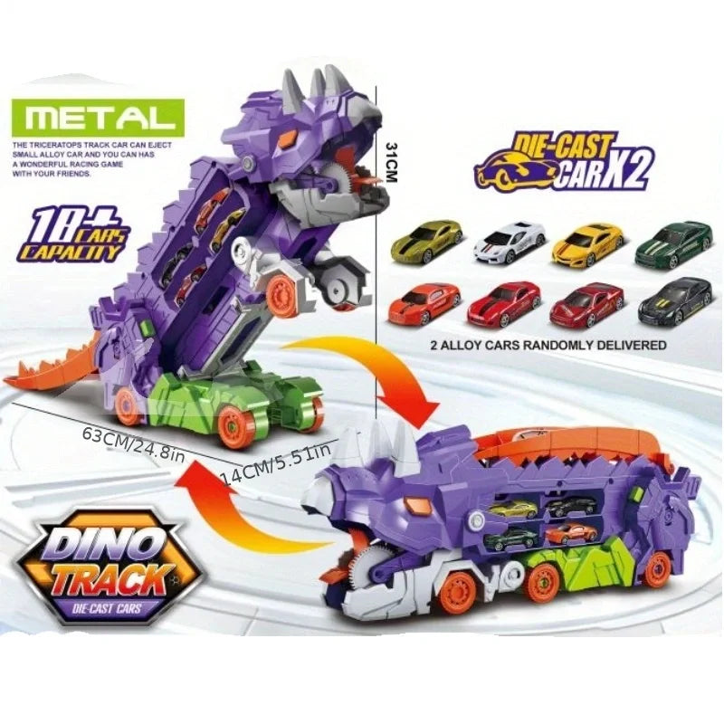 Folding Dinosaur Transporter Car Toy – Fun Diecast Vehicle Playset with 2 Metal Cars