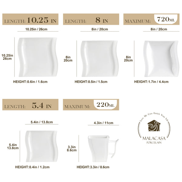 MALACASA FLORA White Porcelain Dinnerware Set – 30 / 60 Pieces for 12 People