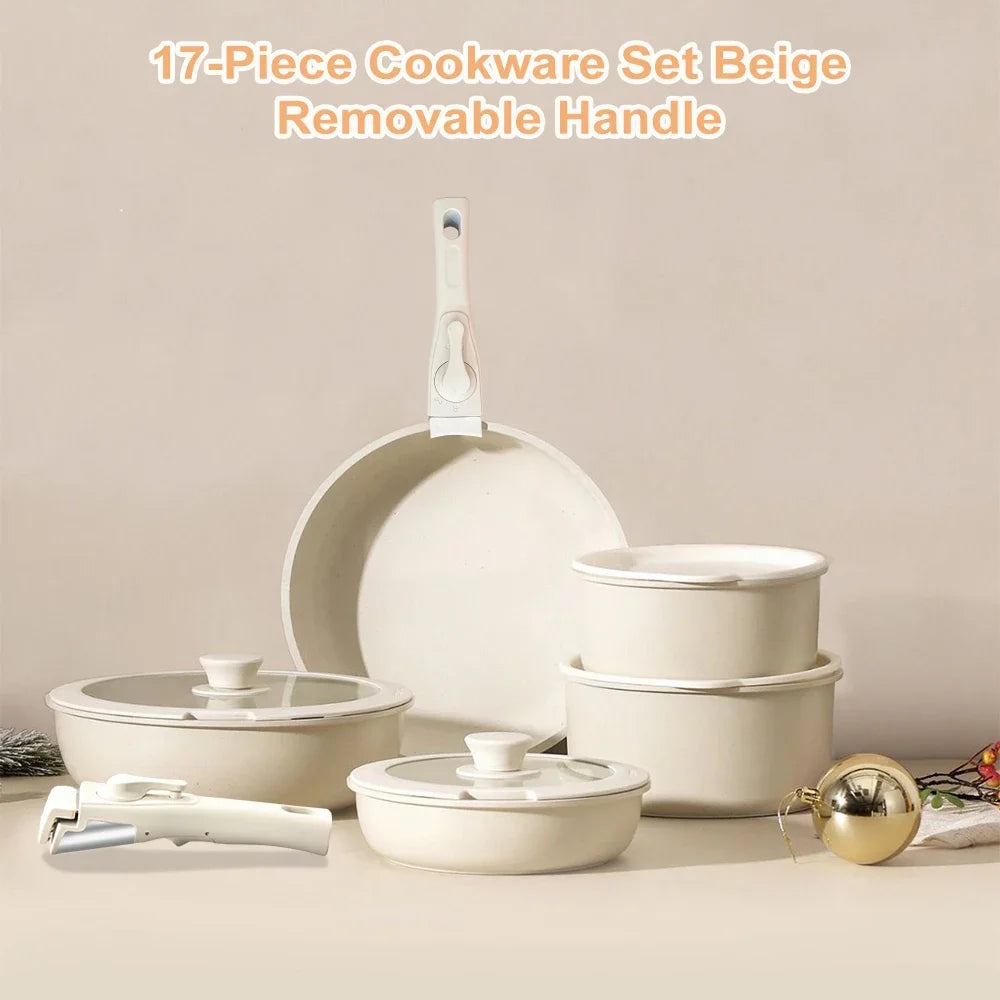 MDHAND 17-Piece Nonstick Cookware Set | Removable Handle | Beige Aluminum Alloy