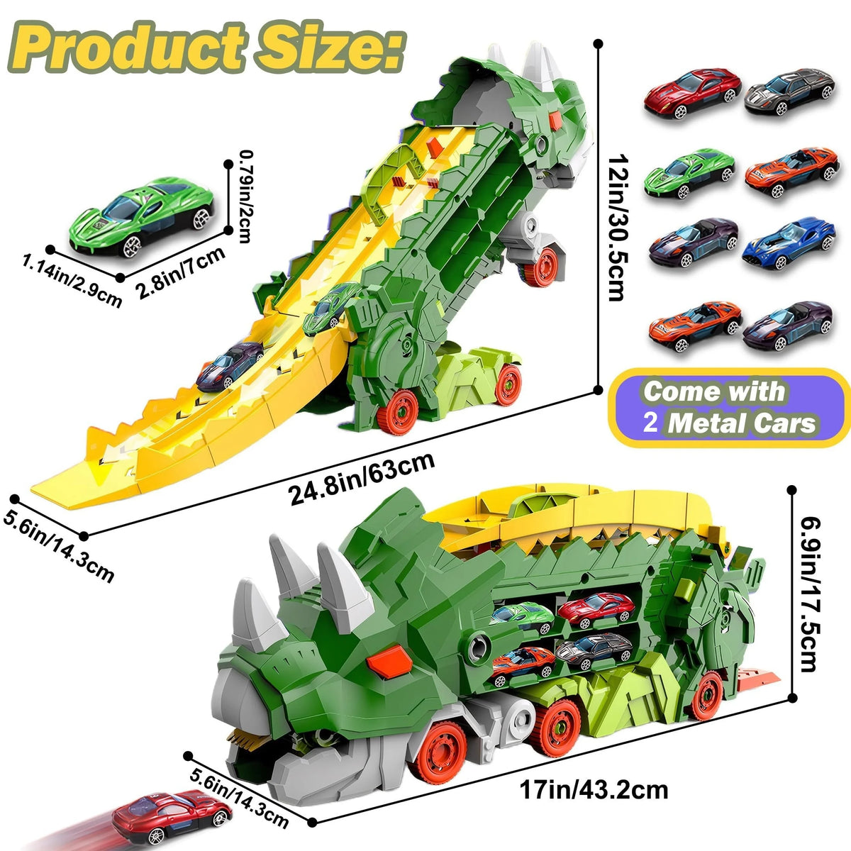 Folding Dinosaur Transporter Car Toy – Fun Diecast Vehicle Playset with 2 Metal Cars