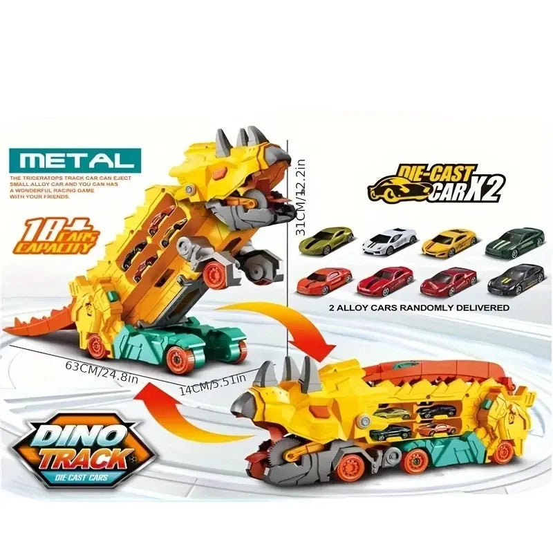Folding Dinosaur Transporter Car Toy – Fun Diecast Vehicle Playset with 2 Metal Cars