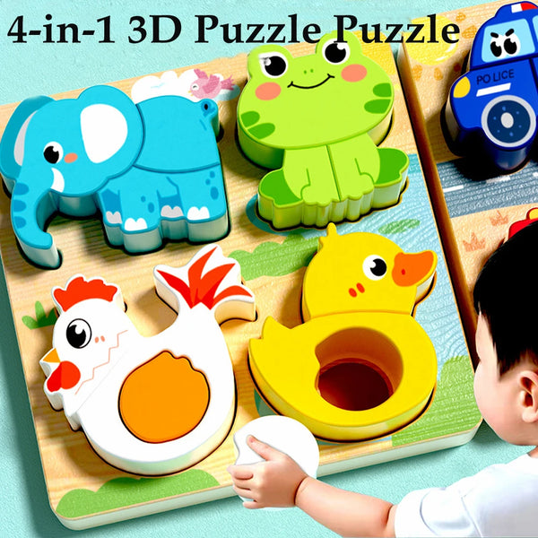 4-in-1 Wooden 3D Puzzle – Cartoon Animal Educational Toy for Kids