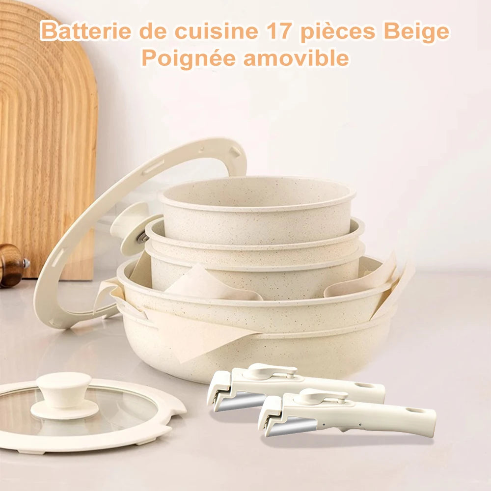 MDHAND 17-Piece Nonstick Cookware Set | Removable Handle | Beige Aluminum Alloy