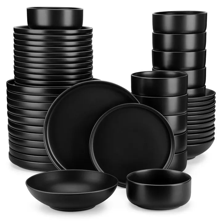 🍽️ Black Ceramic Dinnerware Set – 24 or 48 Pieces | Elegant Stoneware Table Set