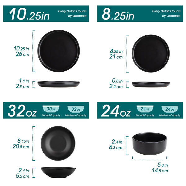 🍽️ Black Ceramic Dinnerware Set – 24 or 48 Pieces | Elegant Stoneware Table Set