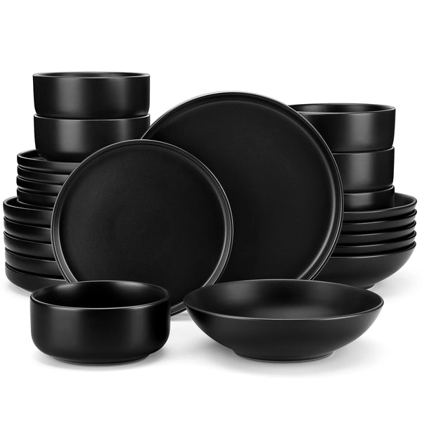 Vancasso 24/48-Piece Black Ceramic Dinnerware Set – Elegant Stoneware Plates & Bowls for 6 or 12 People