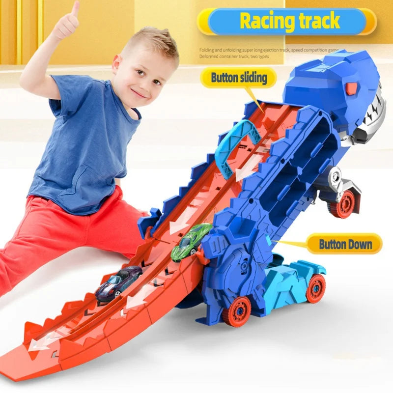 Folding Dinosaur Transporter Car Toy – Fun Diecast Vehicle Playset with 2 Metal Cars