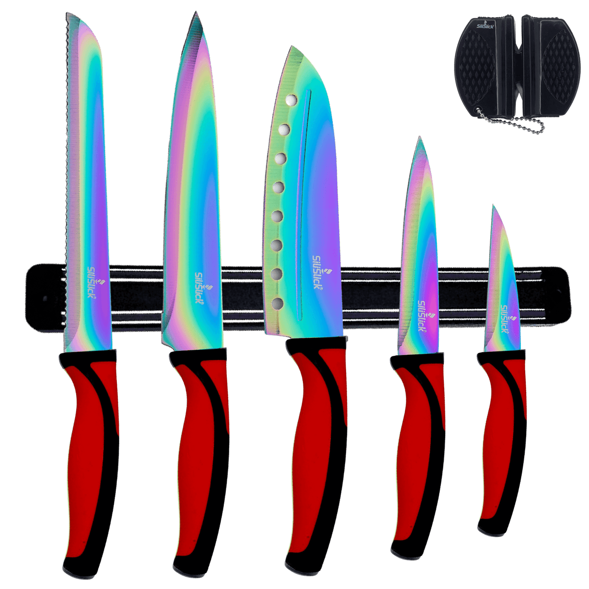Professional Kitchen Knife Set | Red Handle & Black Magnetic Rack