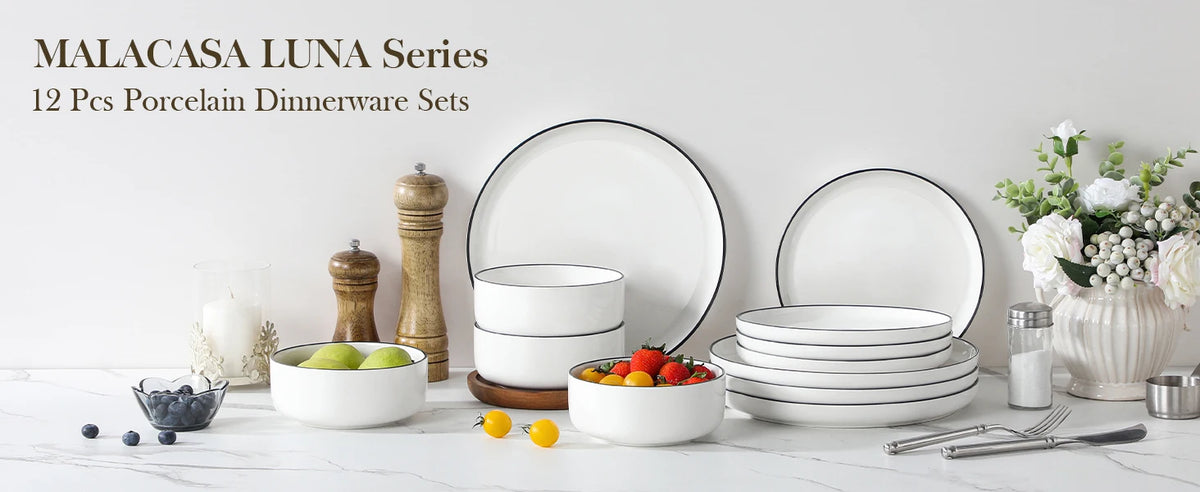 🍽️ MALACASA 12/24-Piece Black Rim Porcelain Dinnerware Set