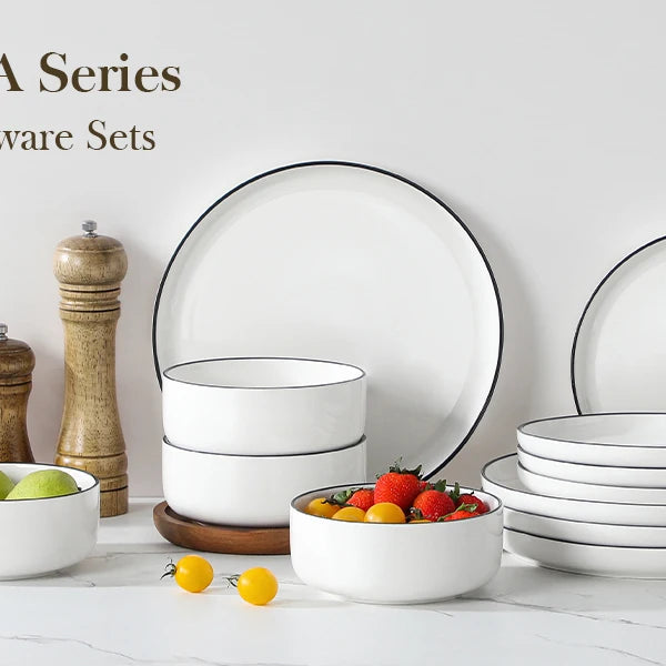 🍽️ MALACASA 12/24-Piece Black Rim Porcelain Dinnerware Set