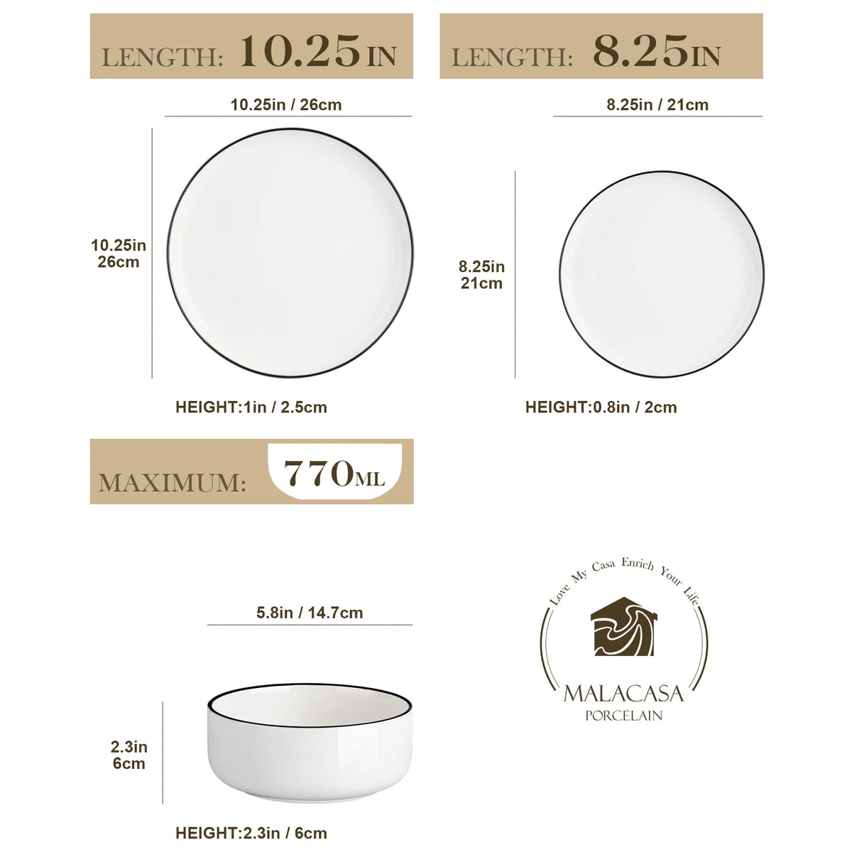 🍽️ MALACASA 12/24-Piece Black Rim Porcelain Dinnerware Set