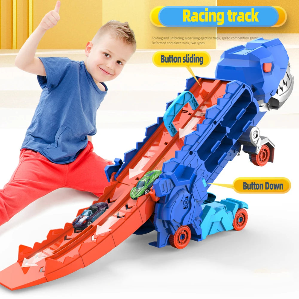 Folding Dinosaur Transporter Car Toy – Fun Diecast Vehicle Playset with 2 Metal Cars