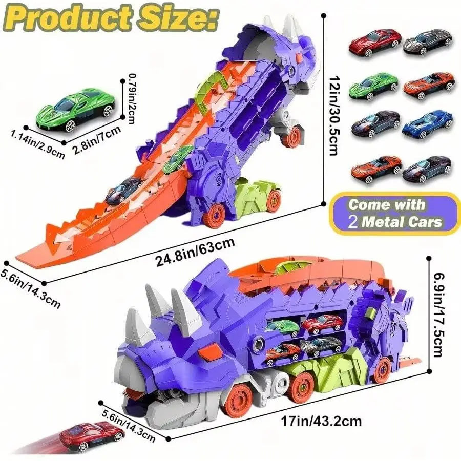 Folding Dinosaur Transporter Car Toy – Fun Diecast Vehicle Playset with 2 Metal Cars