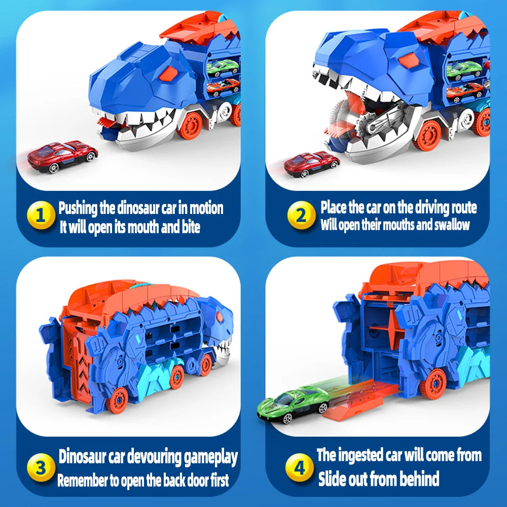 Folding Dinosaur Transporter Car Toy – Fun Diecast Vehicle Playset with 2 Metal Cars