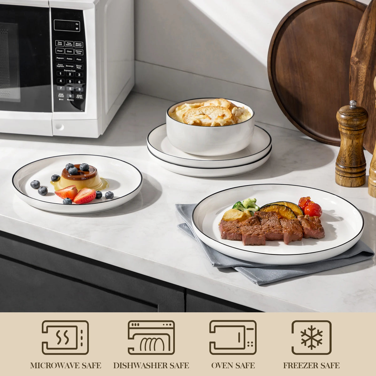🍽️ MALACASA 12/24-Piece Black Rim Porcelain Dinnerware Set