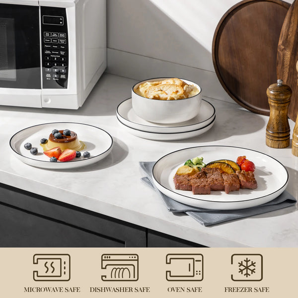 🍽️ MALACASA 12/24-Piece Black Rim Porcelain Dinnerware Set