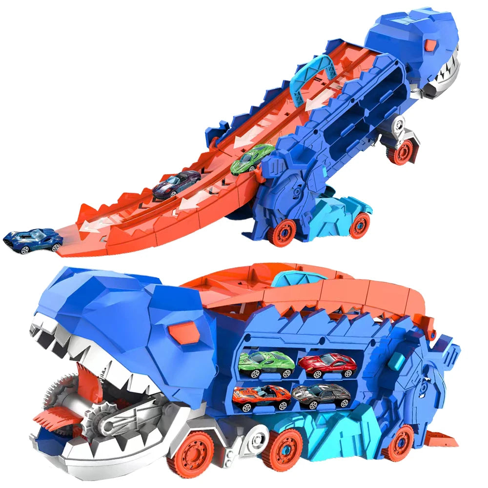 Folding Dinosaur Transporter Car Toy – Fun Diecast Vehicle Playset with 2 Metal Cars