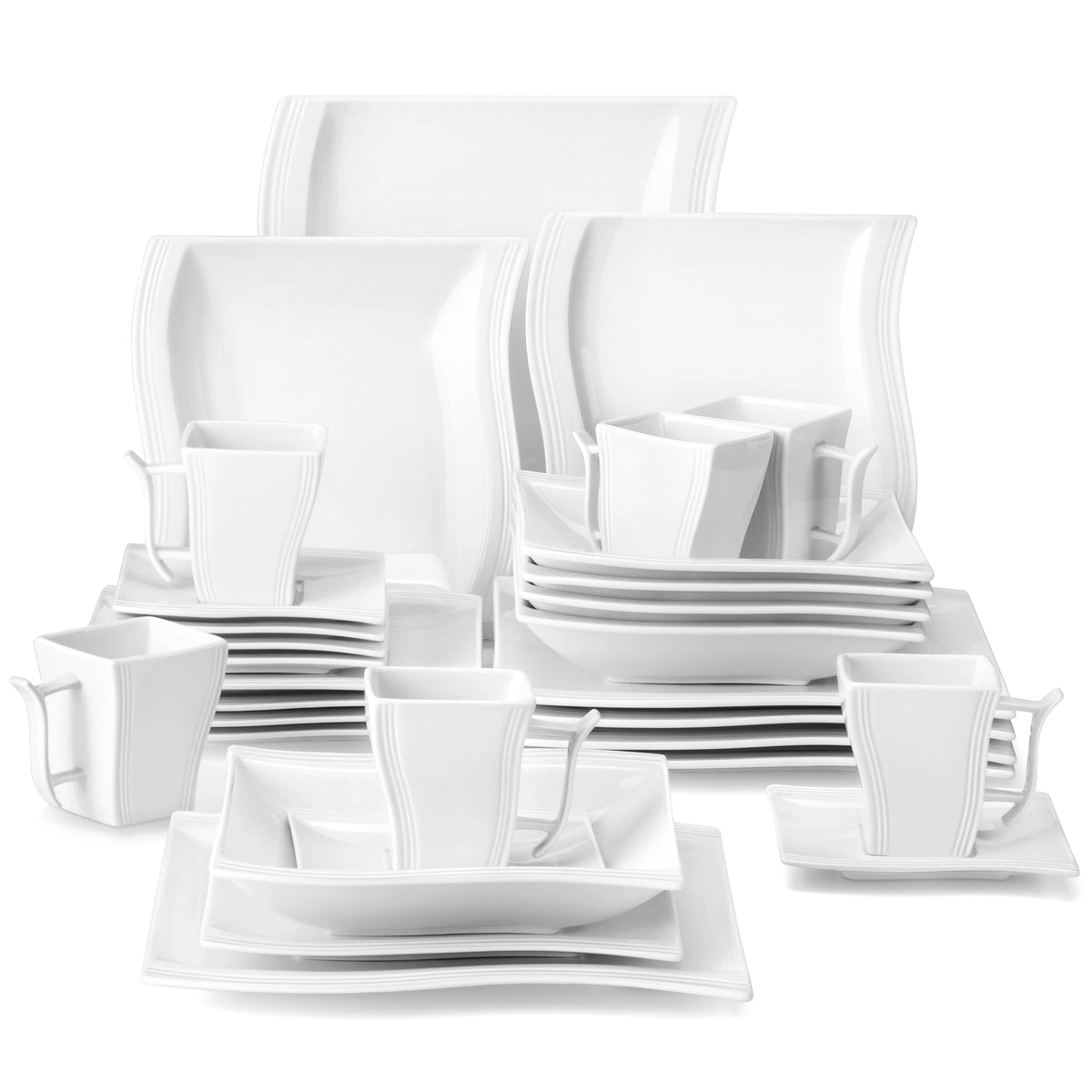 MALACASA FLORA White Porcelain Dinnerware Set – 30 / 60 Pieces for 12 People