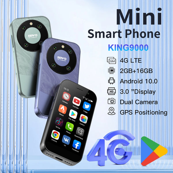 SERVO KING 9000 Mini Smartphone – 3.0" HD Display | Android 10.0 | 4G LTE | Face Recognition | Compact & Powerful