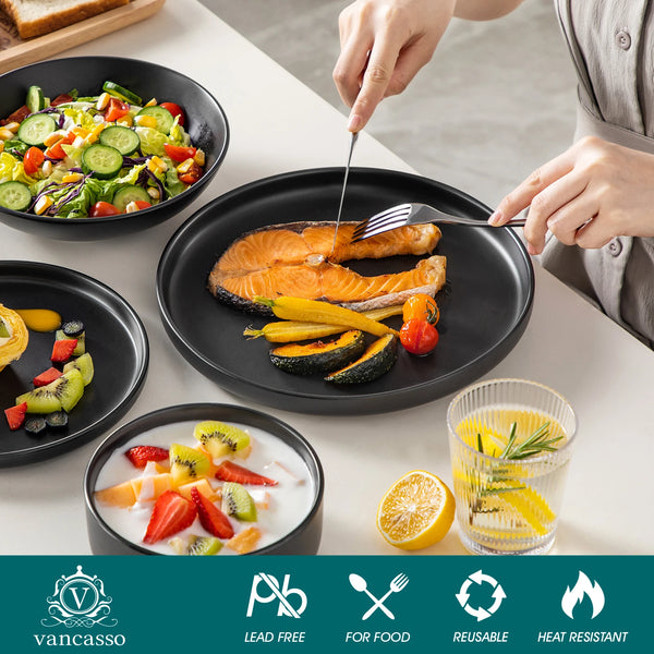 🍽️ Black Ceramic Dinnerware Set – 24 or 48 Pieces | Elegant Stoneware Table Set