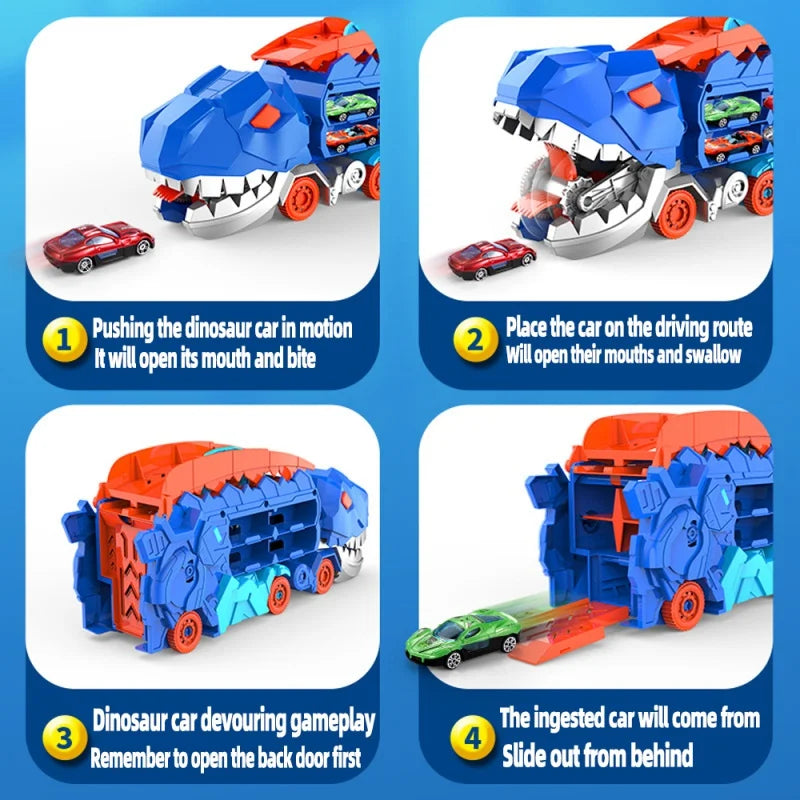 Folding Dinosaur Transporter Car Toy – Fun Diecast Vehicle Playset with 2 Metal Cars