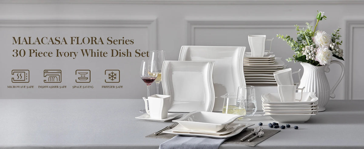 MALACASA FLORA White Porcelain Dinnerware Set – 30 / 60 Pieces for 12 People