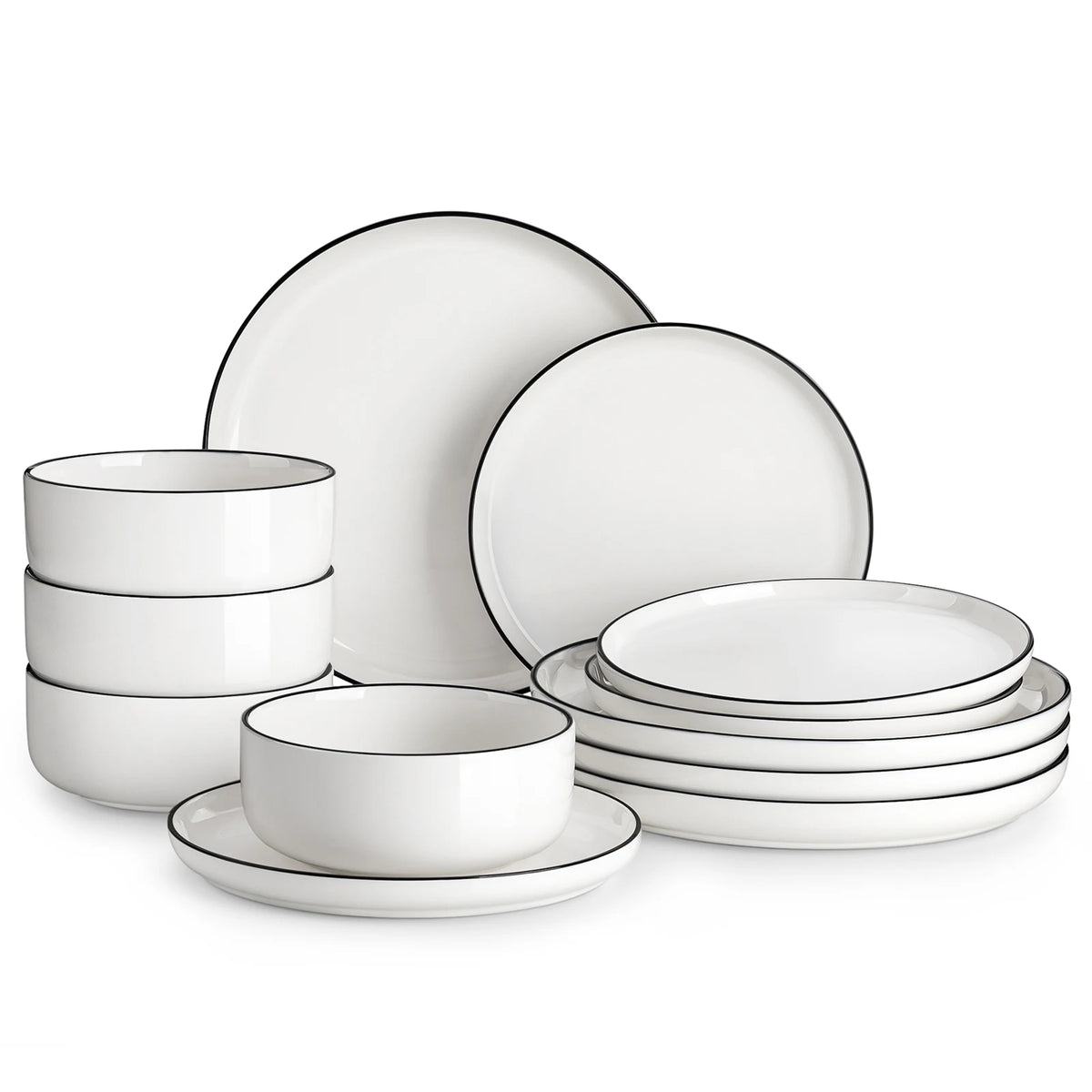 🍽️ MALACASA 12/24-Piece Black Rim Porcelain Dinnerware Set