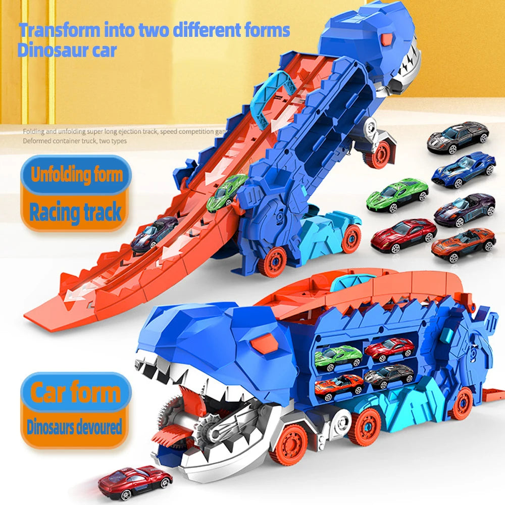Folding Dinosaur Transporter Car Toy – Fun Diecast Vehicle Playset with 2 Metal Cars