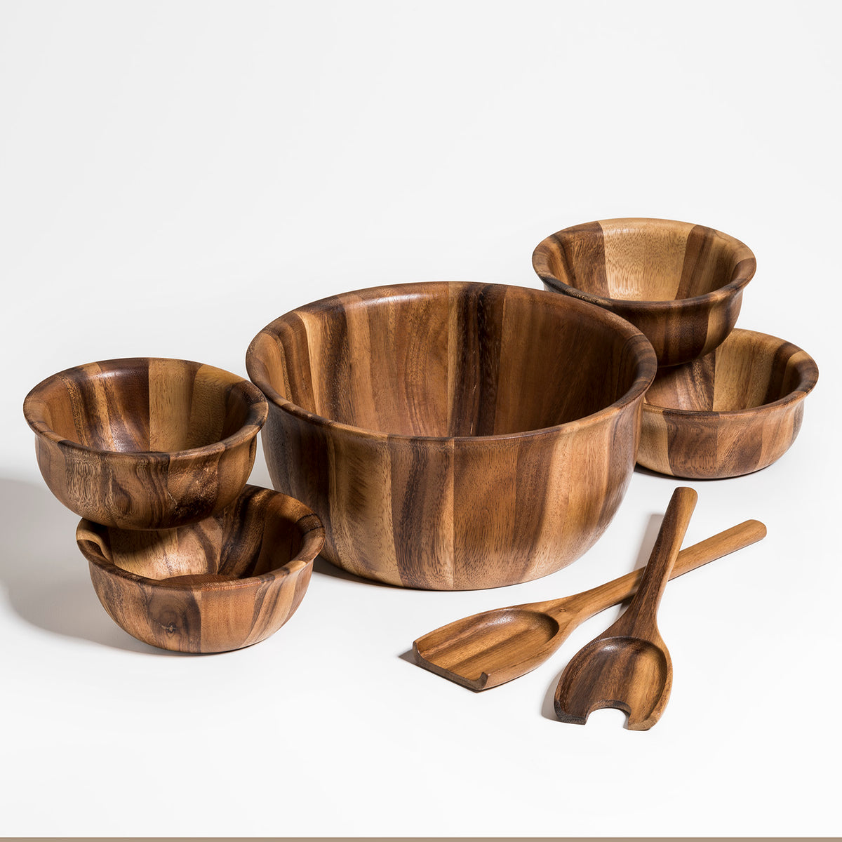 Soro Large Acacia Wood Salad Bowl Set with Servers & 4 Individual Bowls